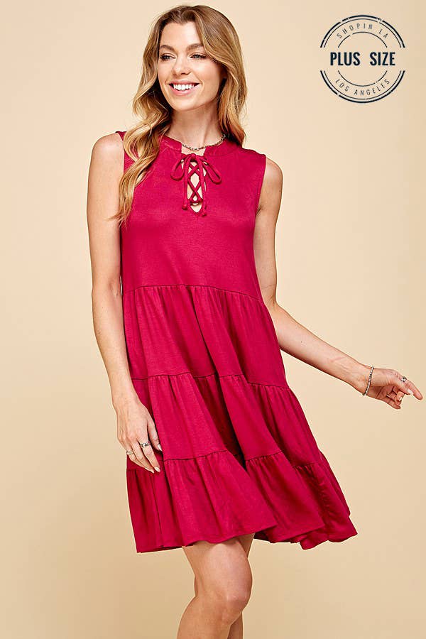 Shopin LA - SPD7008P  PLUS SOLID SLEEVELESS FRONT LACE TIERED DRESS