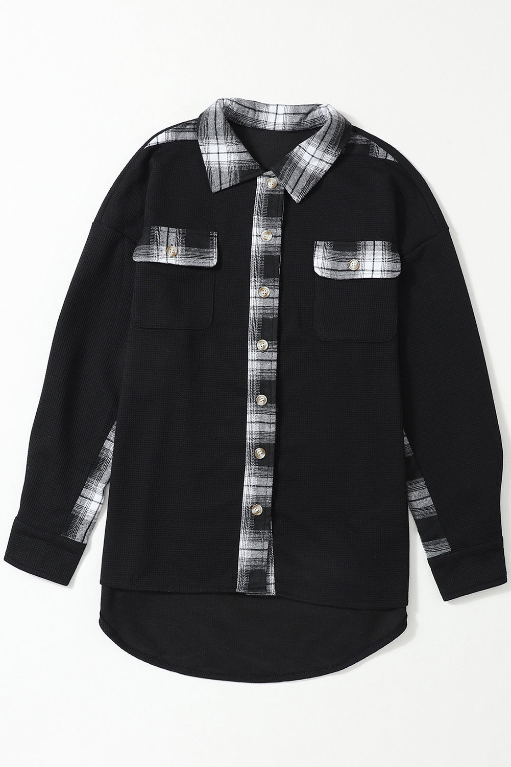 Apricot Plaid and Thermal Waffle Patchwork Shacket