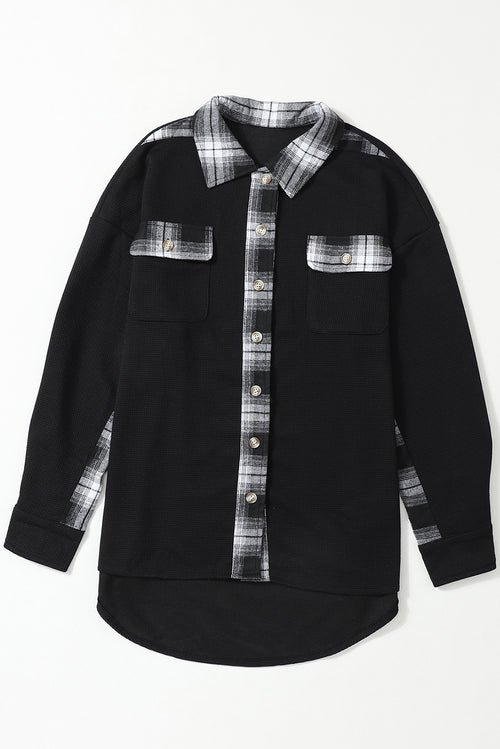 Apricot Plaid and Thermal Waffle Patchwork Shacket
