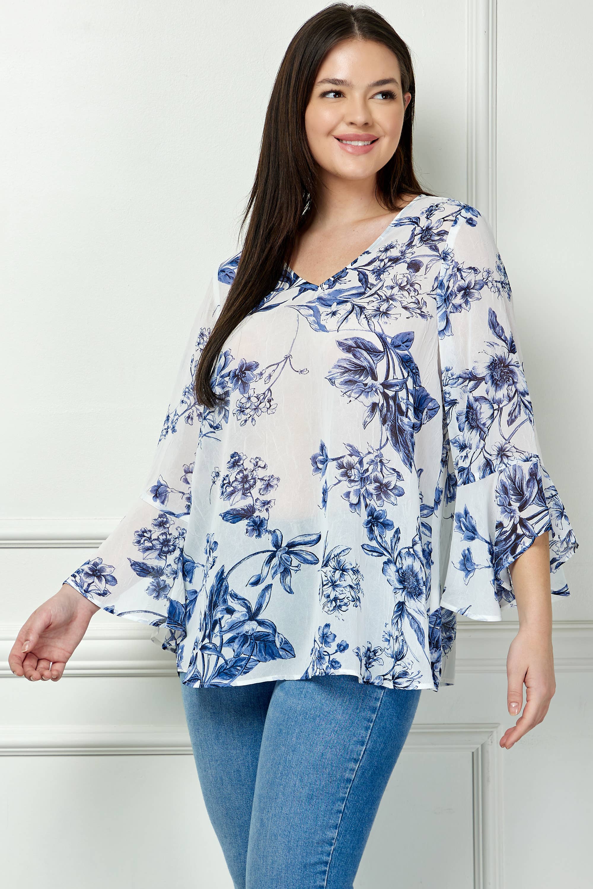Winslow Collection - PLUS SIZE RUFFLE SLEEVE V-NECK SWING TOP