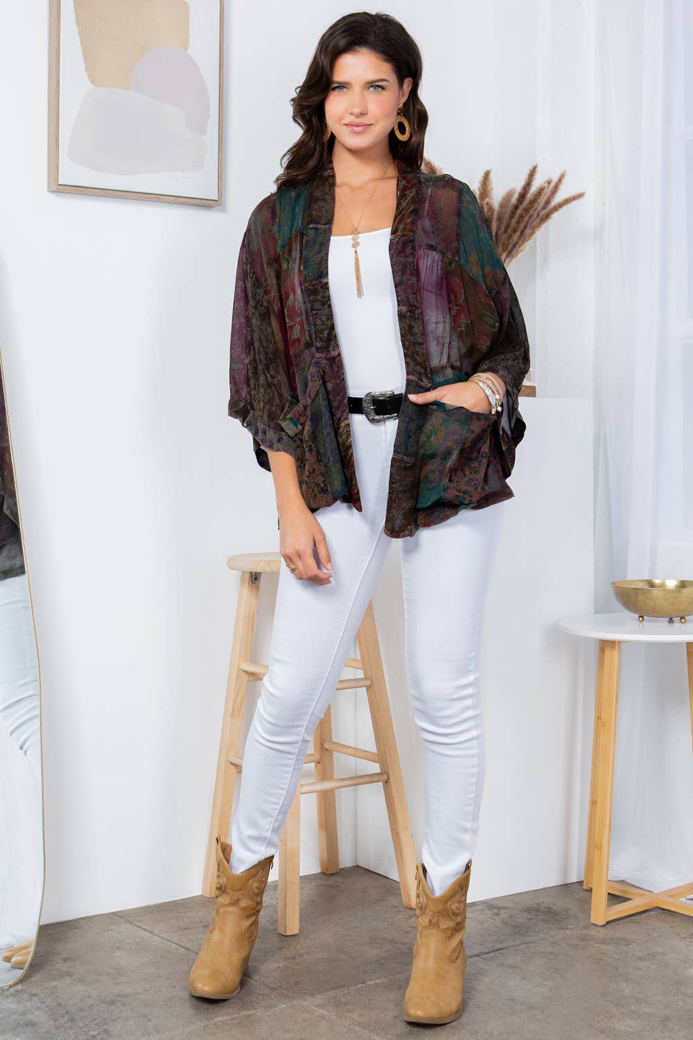 YOUNG THREADS - Western Kimono Top In Overdyed Mix N Match Patches