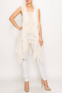 Origami Apparel ~  Lace and Crochet inspired - CHIFFON LAYERED CROCHET VEST -4384 NAT