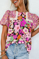 Rose Red Bubble Sleeve Lace Trim Floral Blouse