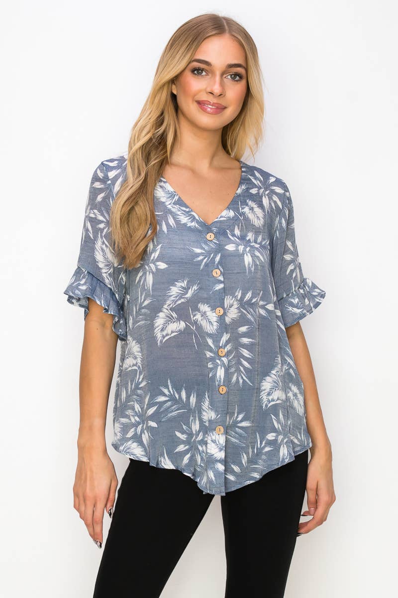 Perseption - V Neck Button Down Ruffle Short Sleeve Shirt