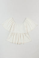 Tomato Red Shirred V Neck Short Flutter Sleeve Textured Blouse