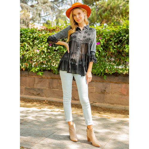 Young Threads - Women’s Mexican Embroidery Blouse - Gathered Waist Shirt