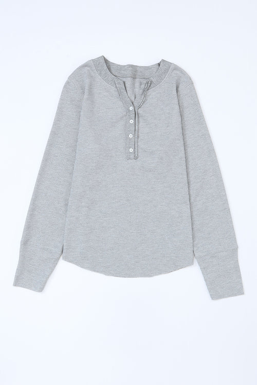 Brown Solid Color Waffle Knit Long Sleeve Henley Shirt