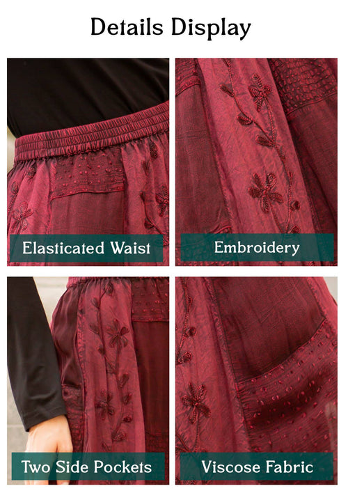 Young Threads - Women Patchwork Embroidered Grey Maxi Skirt With Side Pockets