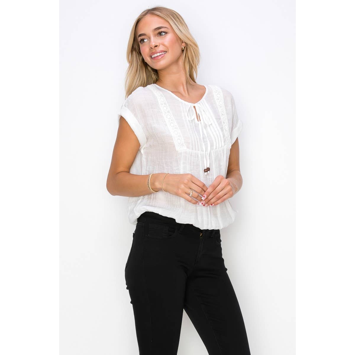 Perseption - Keyhole Tie Neck Pintuck Front Peasant Blouse