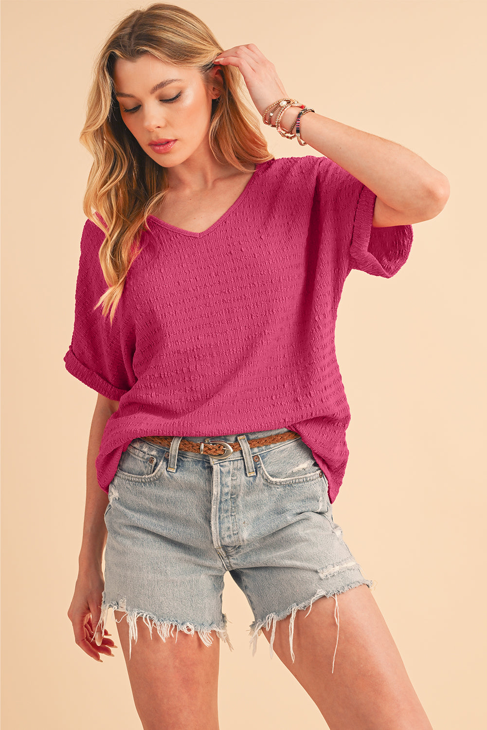 Bright Pink Textured Rolled Short Sleeve V Neck Blouse