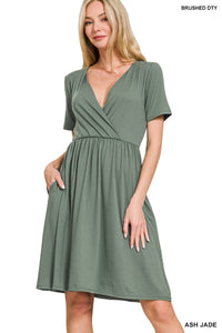 42POPS - 0719 Brushed Dty Buttery Soft Fabric Surplice Dress w/ pockets SI