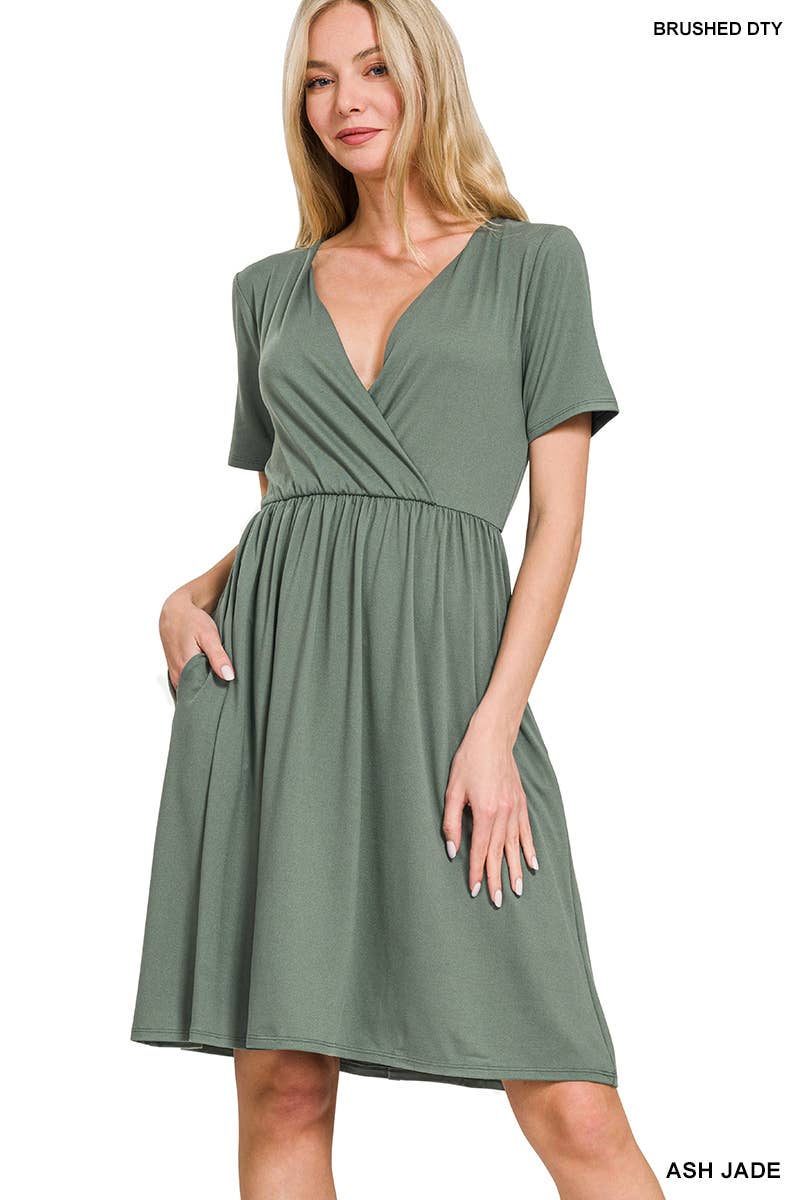 42POPS - 0719 Brushed Dty Buttery Soft Fabric Surplice Dress w/ pockets SI