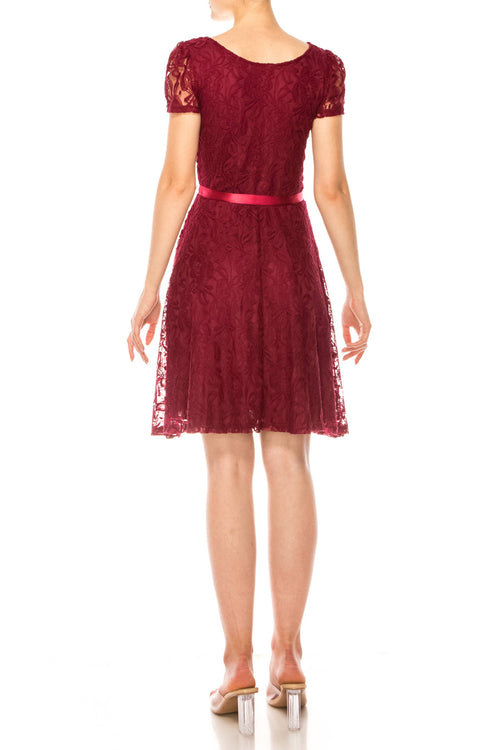 MOA COLLECTION - Women's Lace Short Sleeve A-Line Midi Dress
