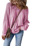 Orchid Petal Waffle Patchwork Raglan Sleeve Exposed Seam Sweatshirt