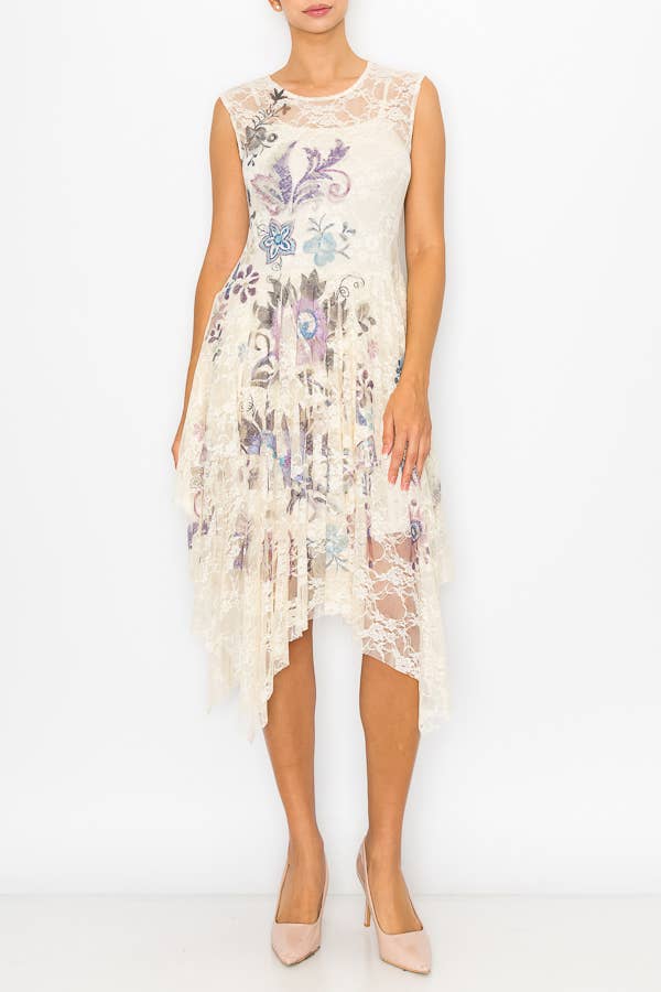 Origami Apparel ~  Lace and Crochet inspired - Whimsical Sleeveless Lace Midi Dress With Unattached Slip - 4609BG EMBO FL