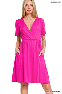 42POPS - 0719 Brushed Dty Buttery Soft Fabric Surplice Dress w/ pockets SI