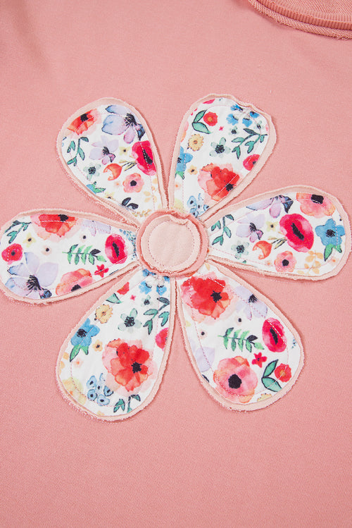 Peach Blossom Flower Applique Patchwork Drop Sleeve Pullover Sweatshirt