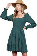 Brown Long Sleeve Smocked Tiered Boho Dress