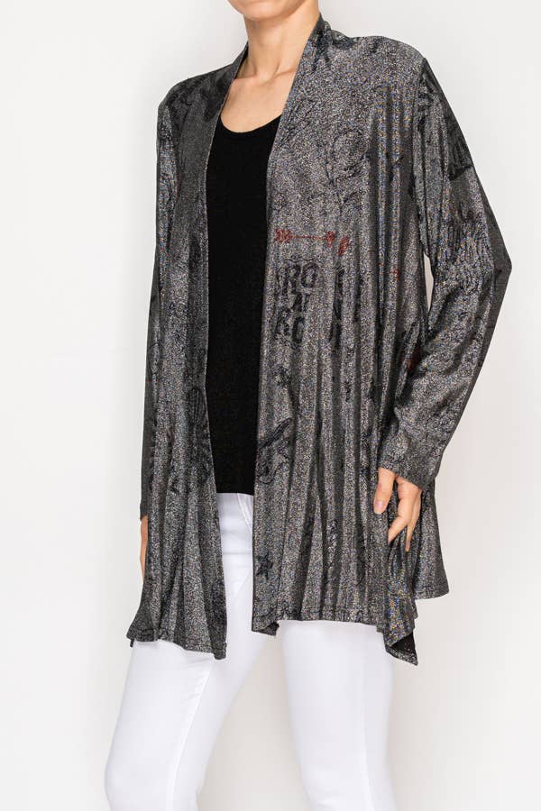 Origami Apparel ~  Lace and Crochet inspired - Printed Shimmery Lurex Cardigan - OLS-4883BK-SIL RNR