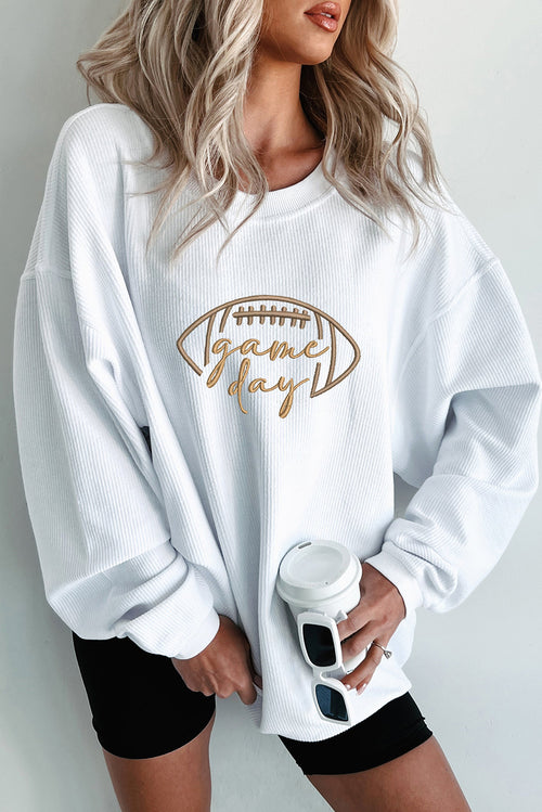 White Football Graphic Game Day Embroidered Corded Sweatshirt