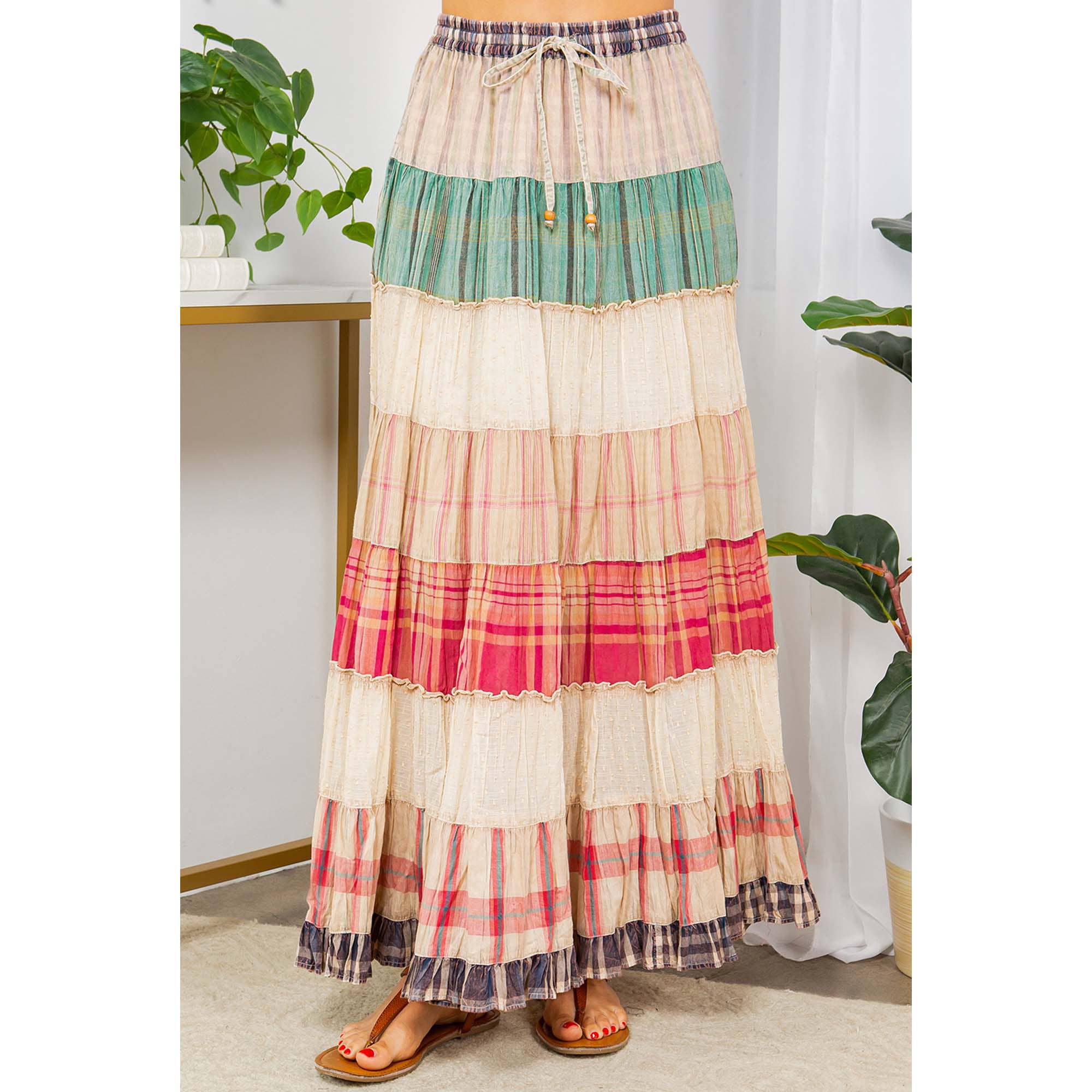 Young Threads - Vintage Vibes: Crinkled Tiered Skirt With Mixed Cotton Dobby