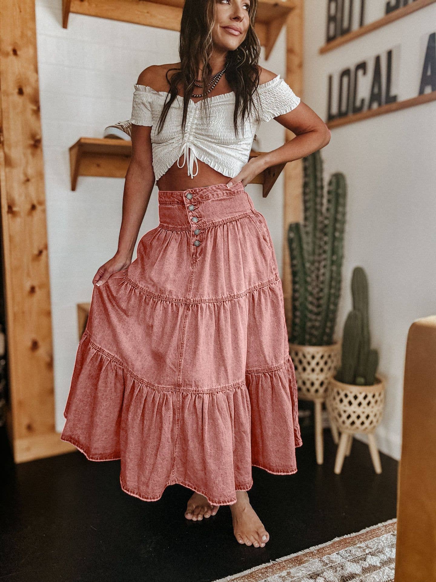 Hope & Sunshine - Bohemian Tiered Denim Skirt A-Line