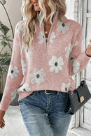 Pink Vintage 60s Floral Pattern Half Zip Collar Drop Shoulder Sweater