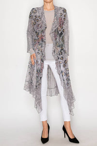 Origami Apparel ~  Lace and Crochet inspired - Lightweight Floral Lace Ruffle Duster With Sparkles - 4849GREY LEO FL