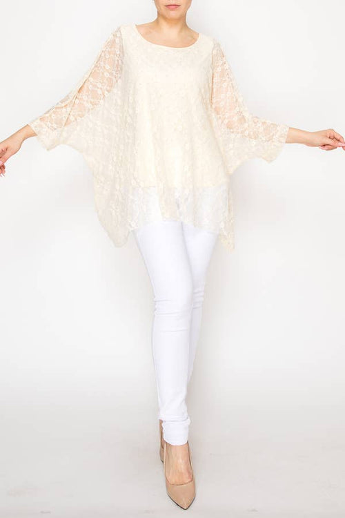 Origami Apparel ~  Lace and Crochet inspired - Subtly Glam Lace Overlay Top With Lining & Sparkles - 4853BEIGE
