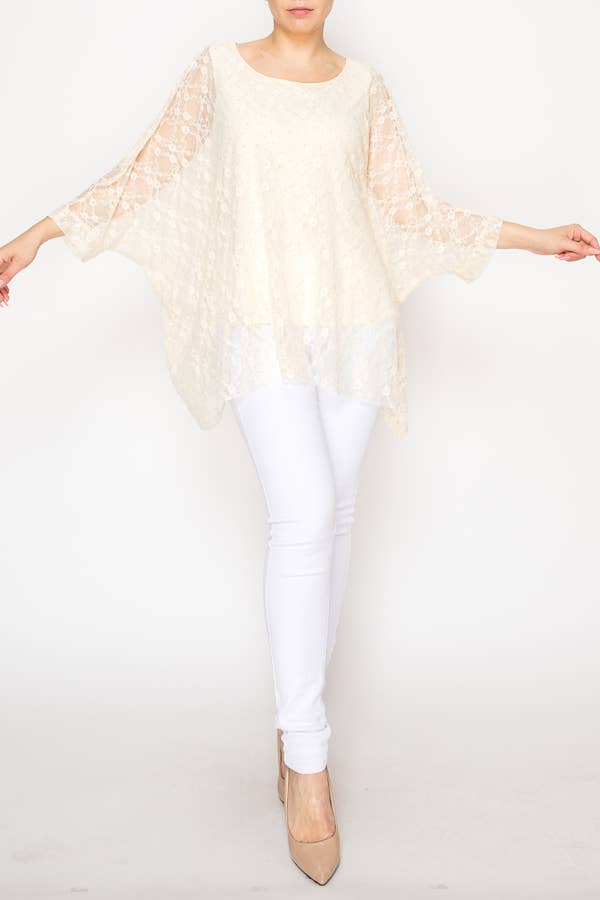 Origami Apparel ~  Lace and Crochet inspired - Subtly Glam Lace Overlay Top With Lining & Sparkles - 4853BEIGE