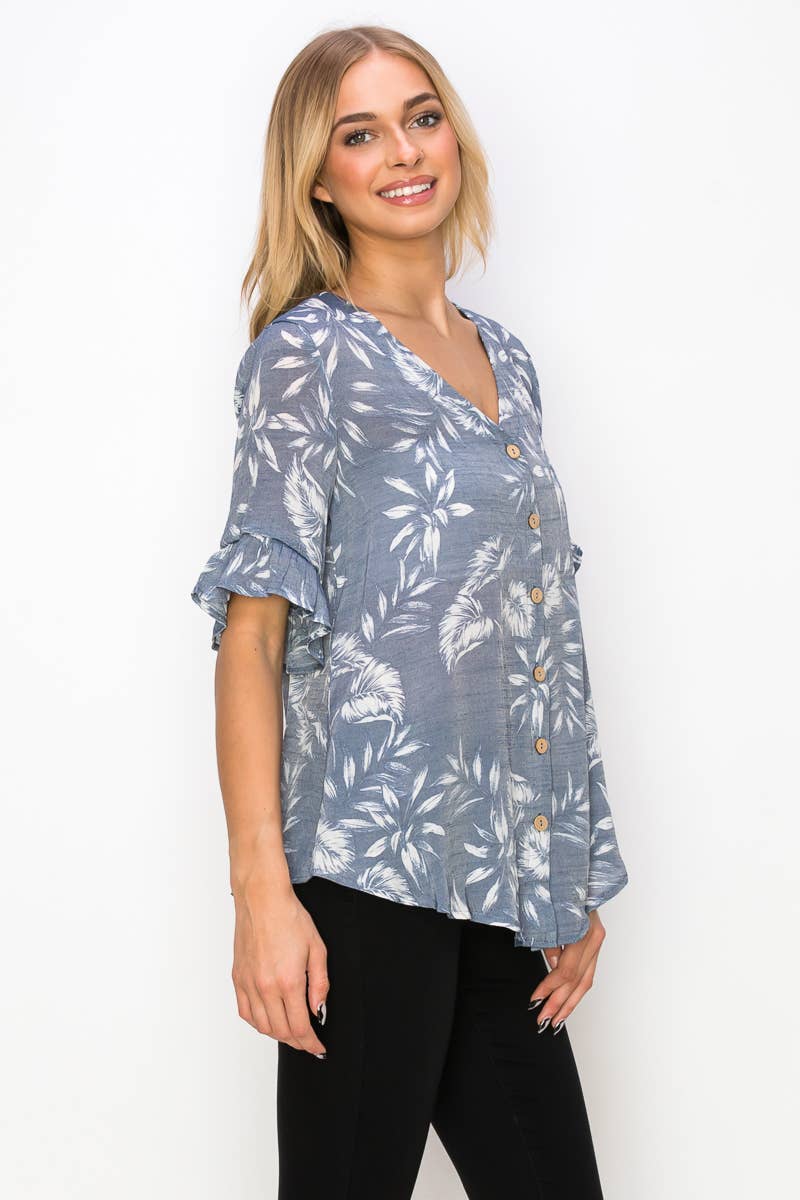 Perseption - V Neck Button Down Ruffle Short Sleeve Shirt