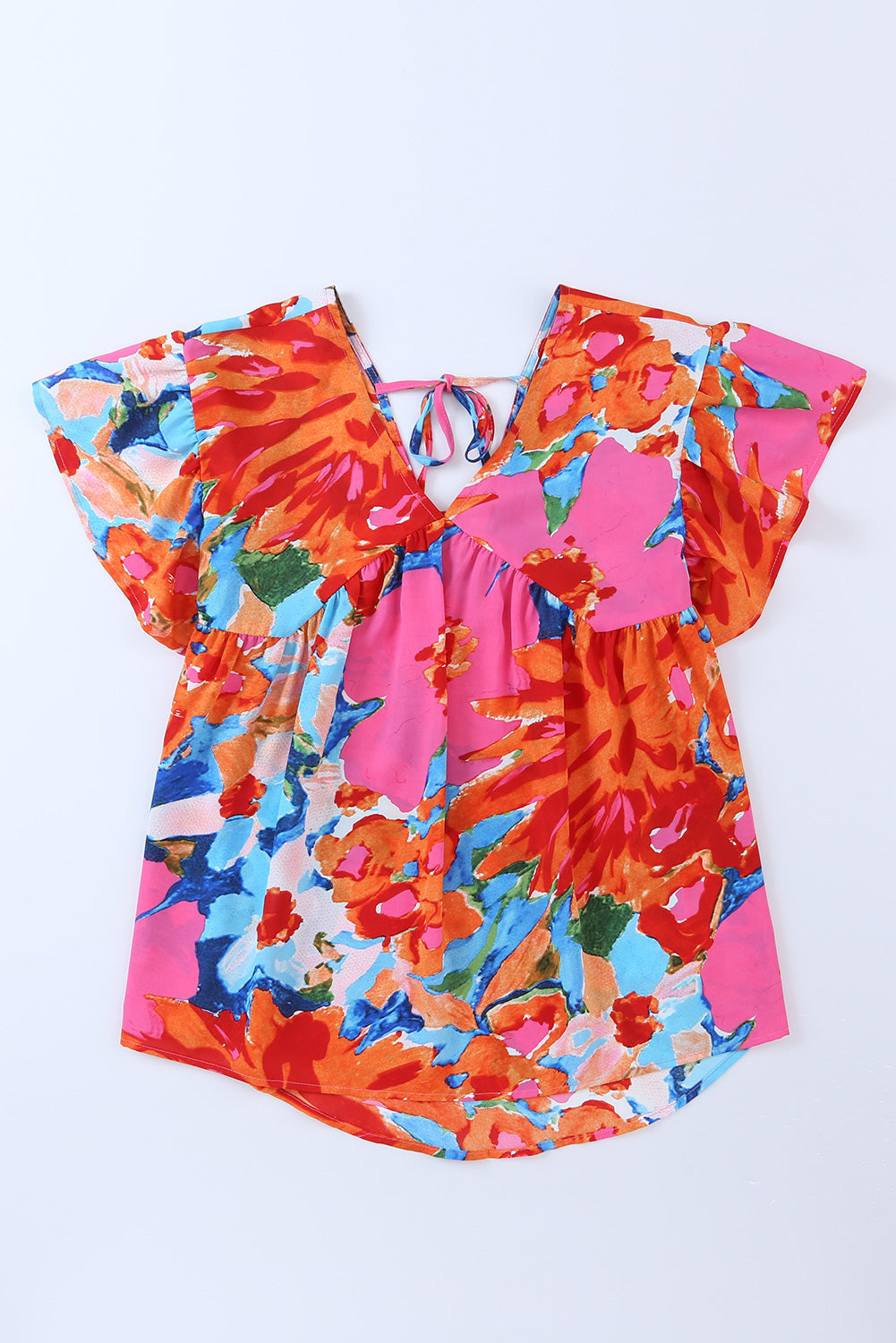 Sky Blue Boho Abstract Print V Neck Flutter Sleeve Blouse