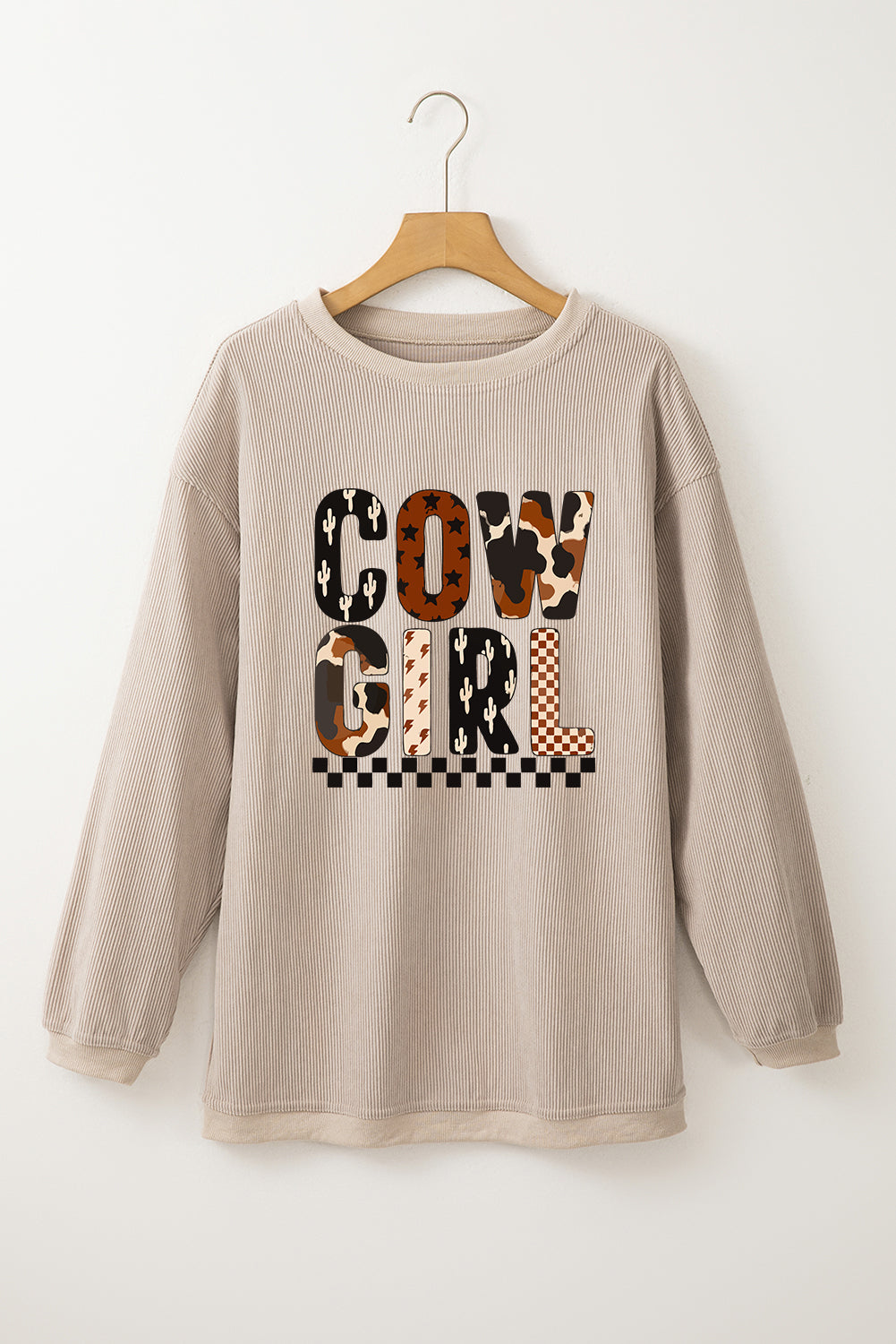 Smoke Gray Letter Heat Transfer Printing Corduroy Baggy Sweatshirt