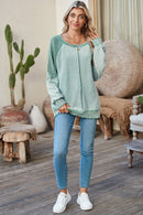 Orchid Petal Waffle Patchwork Raglan Sleeve Exposed Seam Sweatshirt