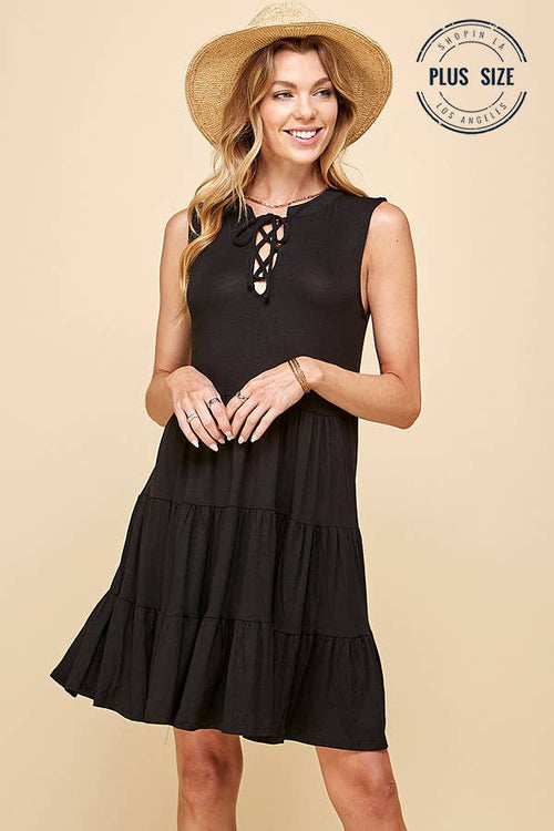 Shopin LA - SPD7008P  PLUS SOLID SLEEVELESS FRONT LACE TIERED DRESS