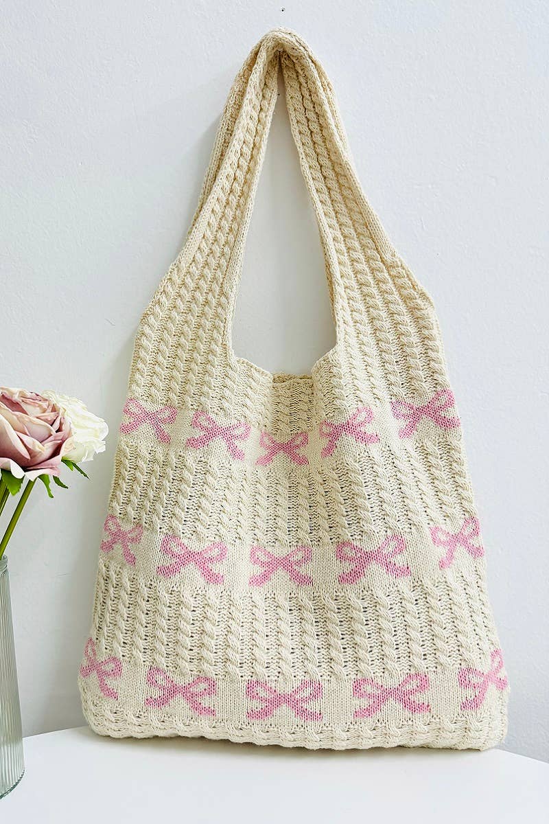 42POPS - ...._ SI-26483 Ribbon Pattern Knitted Crochet Tote Bag