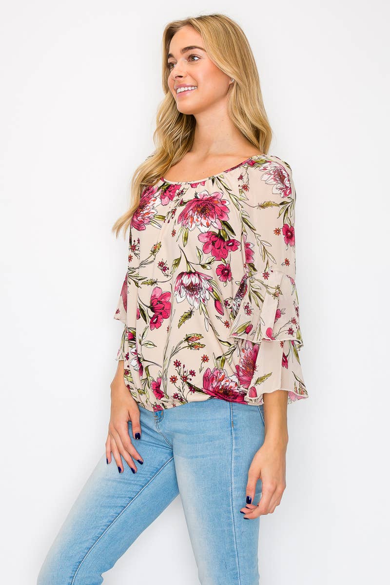 Perseption - Scoop Neck Double Ruffle Flounce Sleeve Blouse