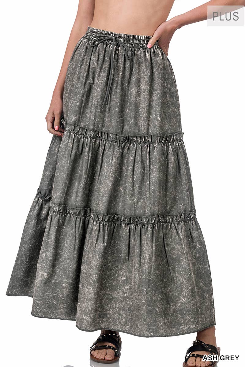 42POPS - `.SI-23133 PLUS SIZE WOVEN ACID WASH DRAWSTRING WAIST TIER