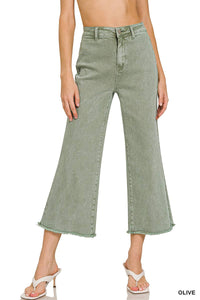 42POPS - ",,..Acid Washed Frayed Cutoff Hem Straight Wide Pants