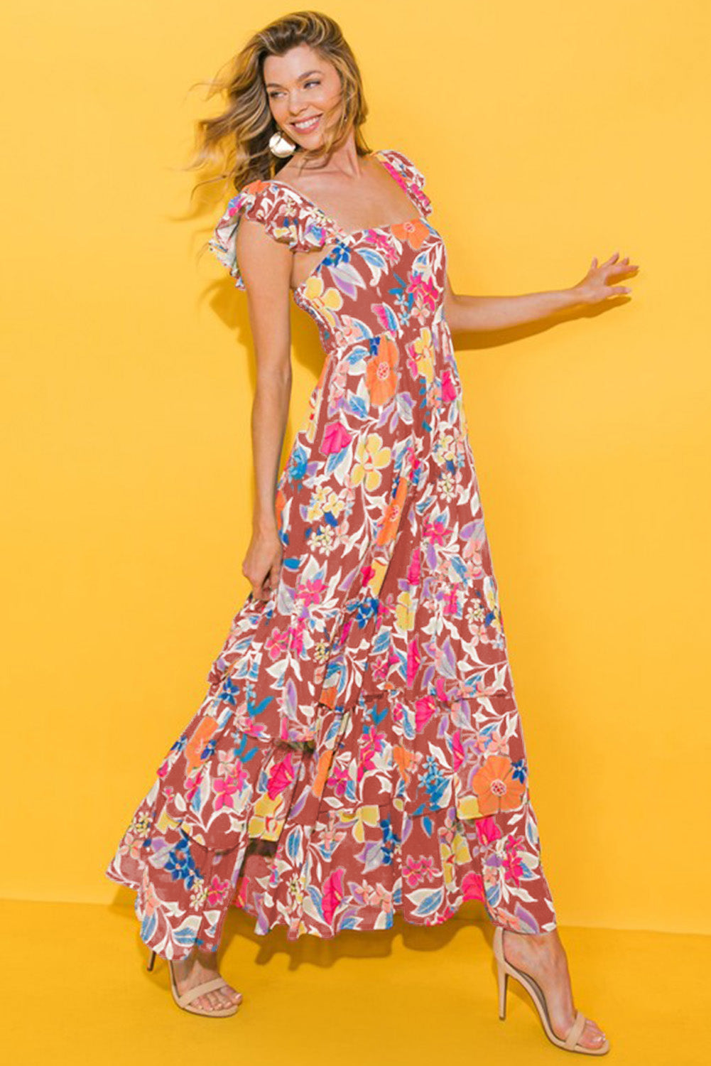 chinese dress ladies Floral Tiered Flounce Sleeve Maxi Dress, Sand / L main image 0