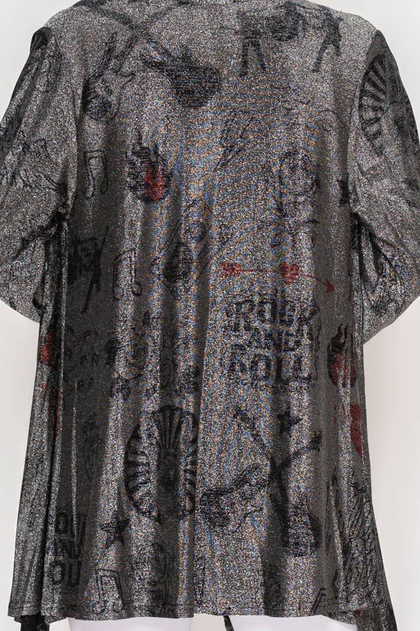 Origami Apparel ~  Lace and Crochet inspired - Printed Shimmery Lurex Cardigan - OLS-4883BK-SIL RNR