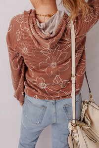 Brown Floral Twisted Rib Drawstring Kangaroo Pocket Hooded Top