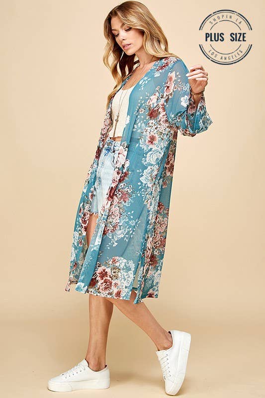 Shopin LA - SG21050AP - PLUS FLORAL PRINT MESH KIMONO WITH SIDE SLIT