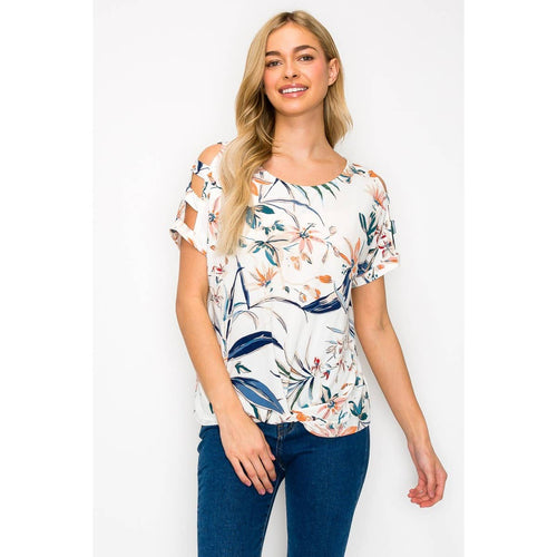 Perseption - Knot Front Cold Shoulder Short Sleeve Printed Top