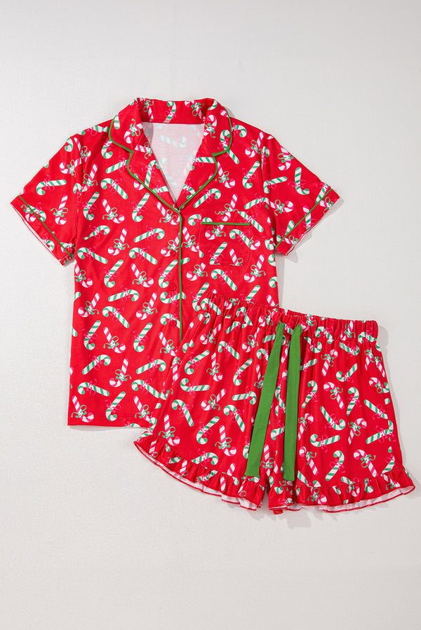 Red Christmas Candy Cane Print Pajama Set