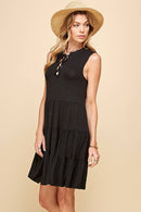 Shopin LA - SPD7008P  PLUS SOLID SLEEVELESS FRONT LACE TIERED DRESS