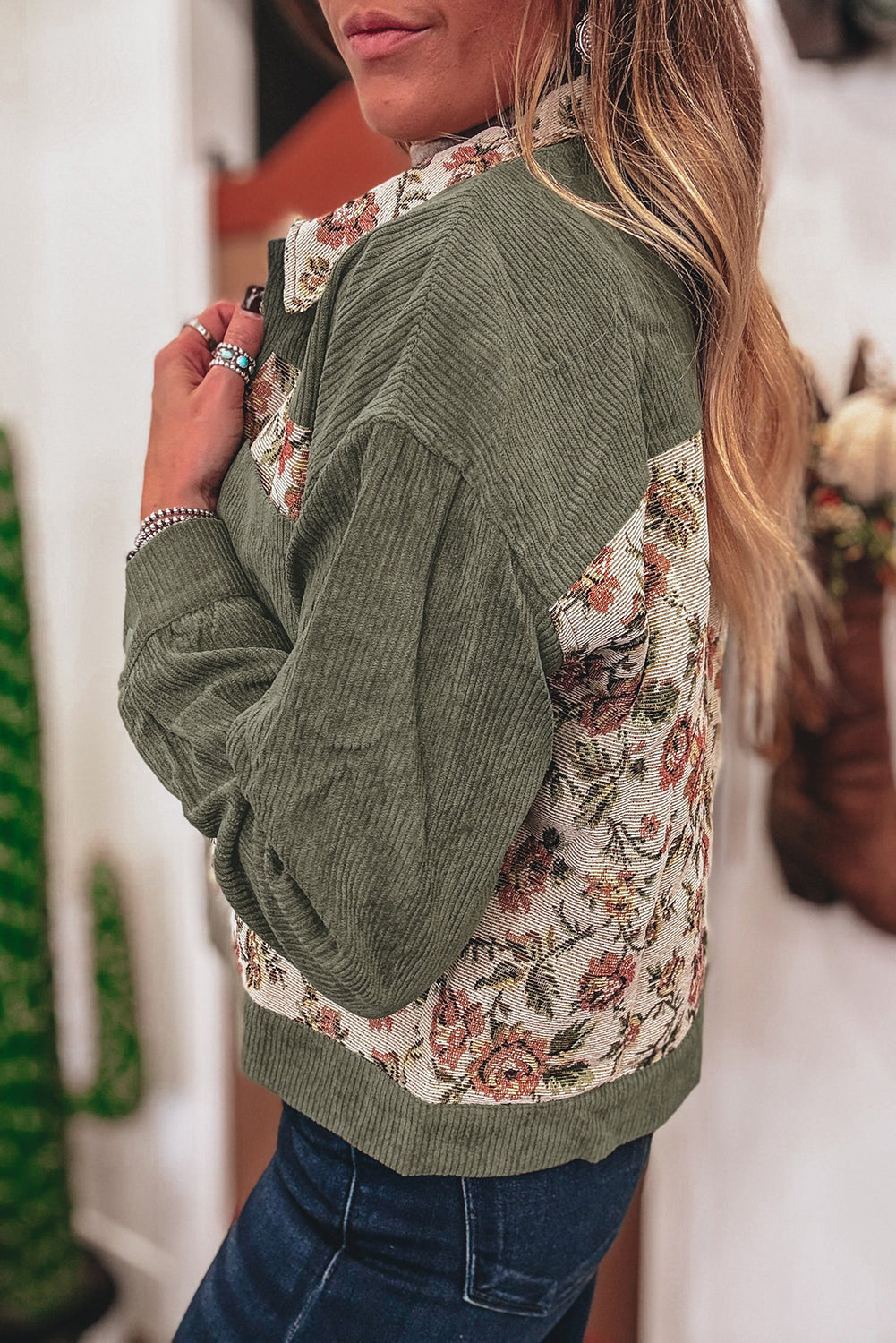 Clay Ribbed Retro Floral Patchwork Jacket