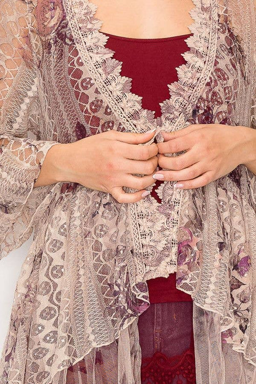 Origami Apparel ~  Lace and Crochet inspired - Ethereal Lace Tiered High-Low Kimono Cardigan - 4508 TAUPE/2 ROSE