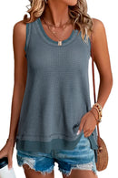 Black Scoop Neck Waffle Knit Splicing Flowy Vest