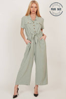 Shopin LA - CSP9220P - PLUS BUTTON UP FRONT POCKET COLLARED JUMPSUIT